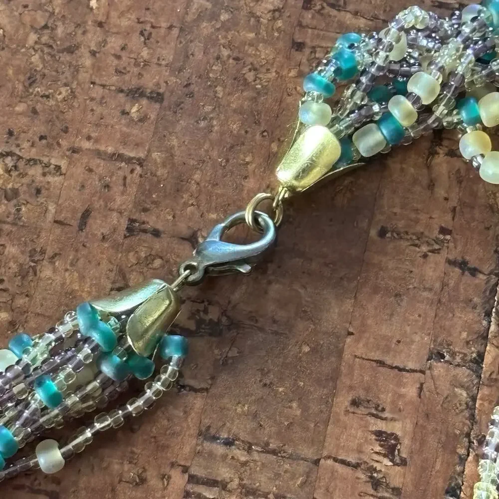 Vintage 1960s Multi Strand Pink Gold Blue Glass Seed Bead Twisted Necklace Vtg